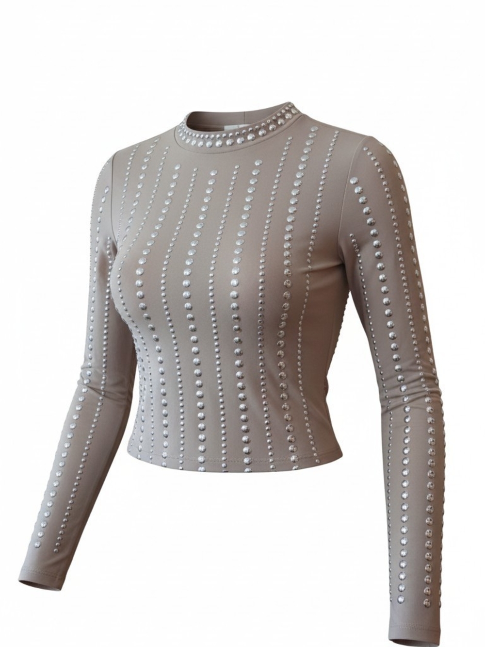 Taupe Studded Long-Sleeve Crop Top